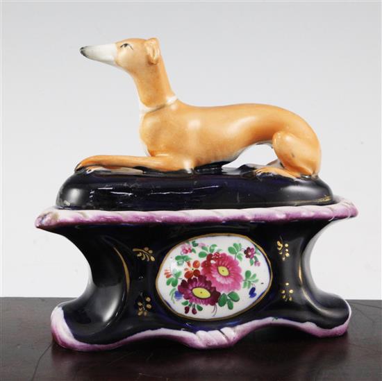 A rare Staffordshire greyhound ink stand and cover, mid 19th century, 17cm., restorations